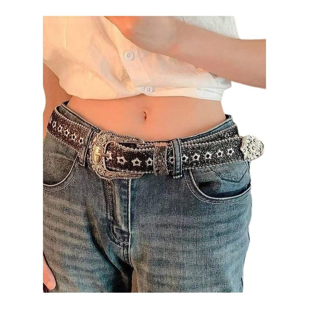 6585 Women's Y2k Western Waist Belts Glitter Rhinestone Chunky Medium Belt - Picture 2 of 2